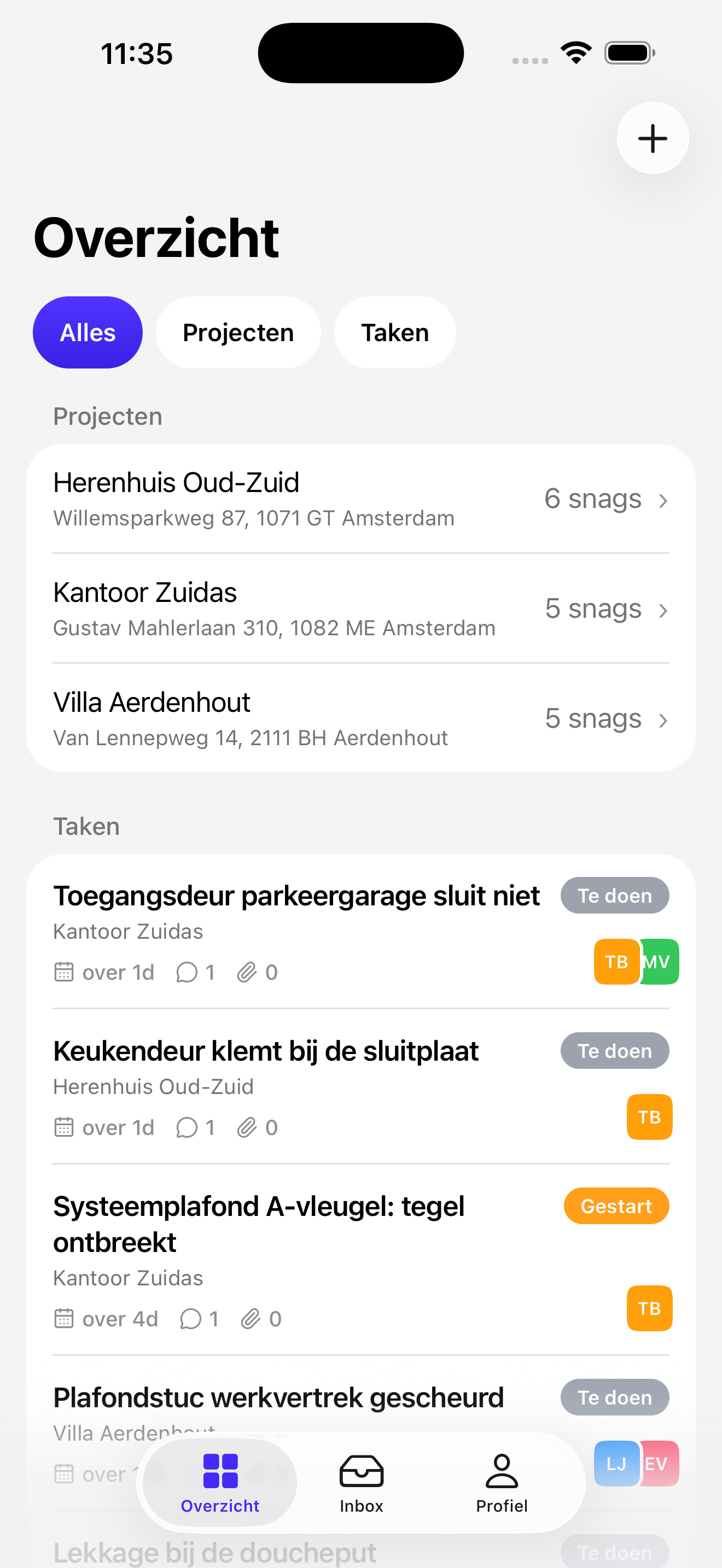 Overzicht van projecten en snags